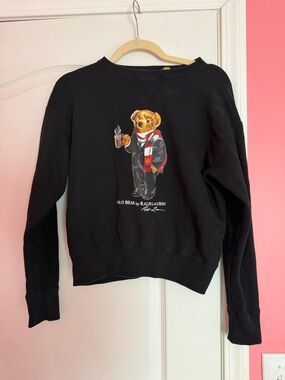 Polo by Ralph Lauren Black Bear Graphic Crewneck Sweater with Red & Cream Scarf